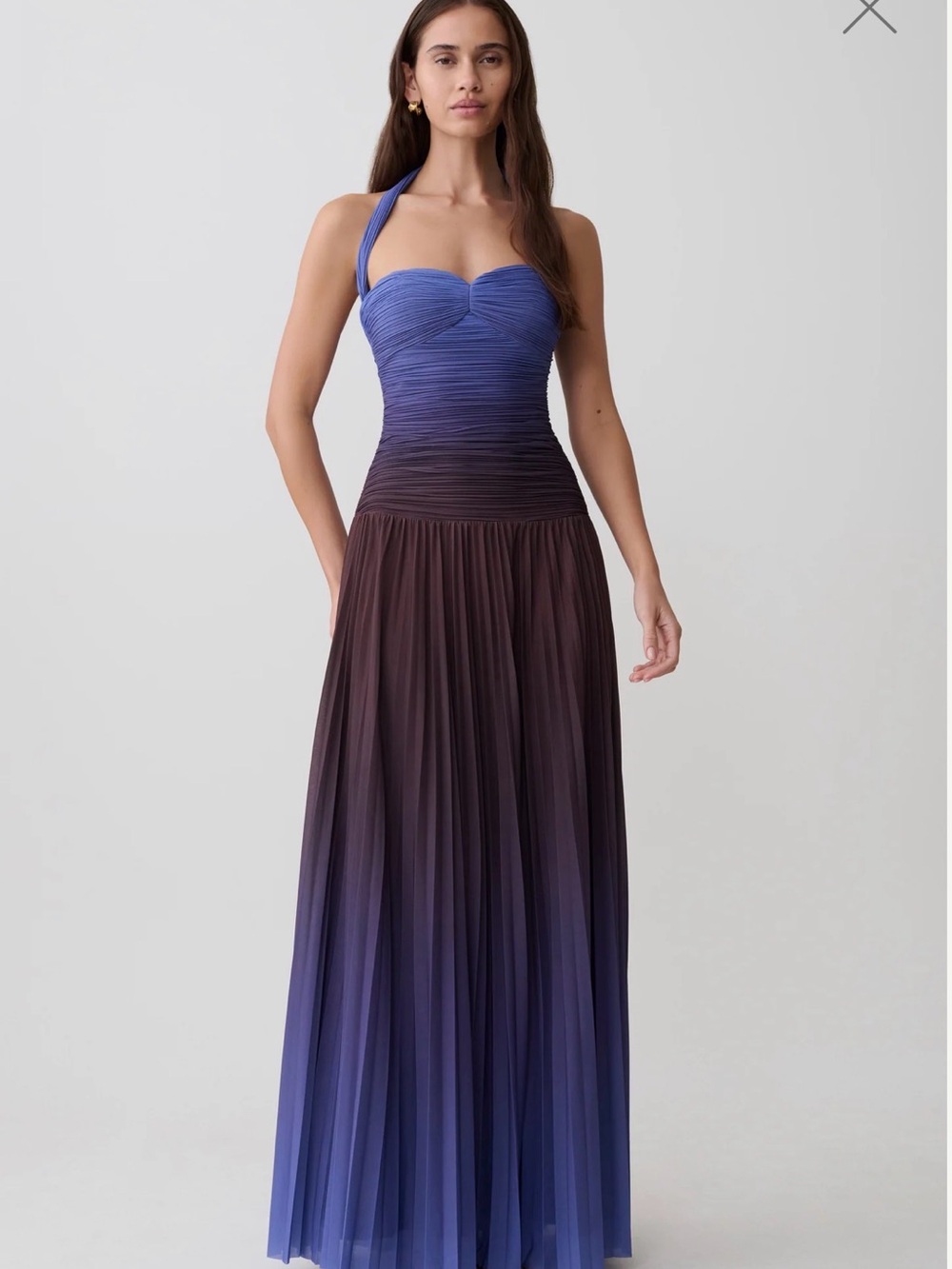 Azizi Pleated Halter Midi Dress - Chocolate & Blue Ombre Print
